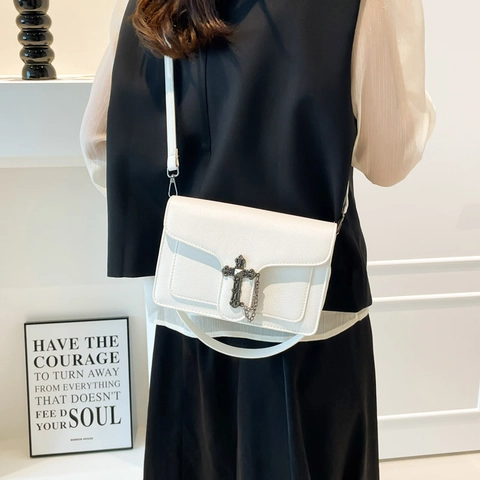 Retro Gothic PU Leather Crossbody Bag For Women With Metal Cross Decoration Fashion Litchi Pattern Square Flap Shoulder Bag