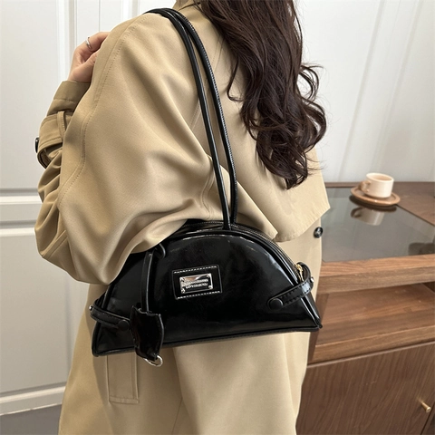 Women Glossy PU Leather Half Moon Shoulder Bag Large Capacity Solid Color Underarm Bag With Metal Plaque For Daily Commute