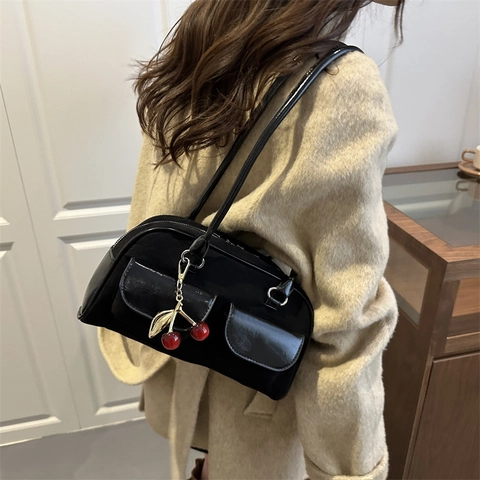 Vintage Suede And Glossy Leather Splicing Shoulder Bag For Women Chic Baguette Underarm Bag With Cherry Pendant Stitching Design
