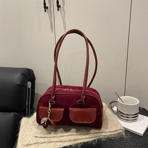 Women Vintage Suede Boston Bag Retro Large Capacity Shoulder Bag With Cherry Pendant Patent Leather Patchwork Handbag