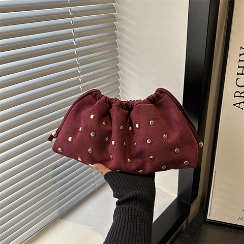 Women Vintage Frosted Faux Suede Shoulder Bag With Gold Rivets Minimalist Casual Drawstring Cloud Bag Elegant Handbag Pouch For Party
