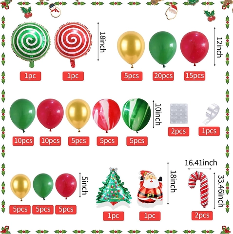 Festive Christmas Balloon Garland Kit Santa Claus Aluminum Foil Balloons Christmas Tree Candy Cane Red Green Gold Latex Balloons Party Decoration