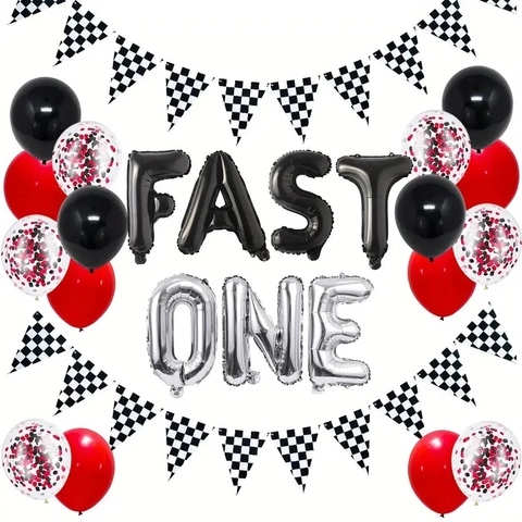 Kit Palloncini Primo Compleanno Tema Corse Fast One Banner a Scacchi Palloncini in Lattice Alluminio Per Ragazzo Baby Shower