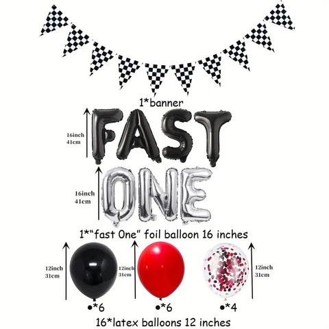 Kit Palloncini Primo Compleanno Tema Corse Fast One Banner a Scacchi Palloncini in Lattice Alluminio Per Ragazzo Baby Shower