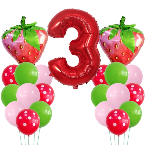 Strawberry Theme Birthday Party Decoration Number Foil Balloons Red Fruit Summer Party Supplies For Baby Shower Kids