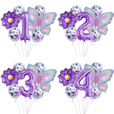 Pink Purple Butterfly 32 Inch Number Daisy Aluminum Film And Confetti Latex Balloons Kit For Baby Birthday Party Decoration