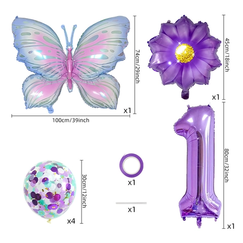 Pink Purple Butterfly 32 Inch Number Daisy Aluminum Film And Confetti Latex Balloons Kit For Baby Birthday Party Decoration