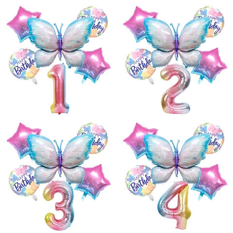 Butterfly Birthday Party Decoration Set Gradient Aluminum Film Balloon Large Digit Star Round Balloons Celebration Decor