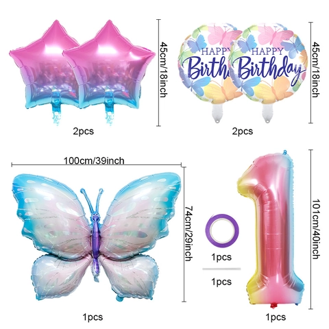 Butterfly Birthday Party Decoration Set Gradient Aluminum Film Balloon Large Digit Star Round Balloons Celebration Decor