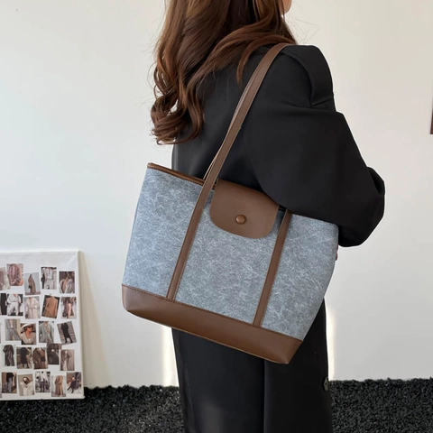 Bolso de Mano para Mujer Vintage Color Block Lona Cuero PU Patchwork Bolso de Hombro Casual Conmutar Gran Capacidad