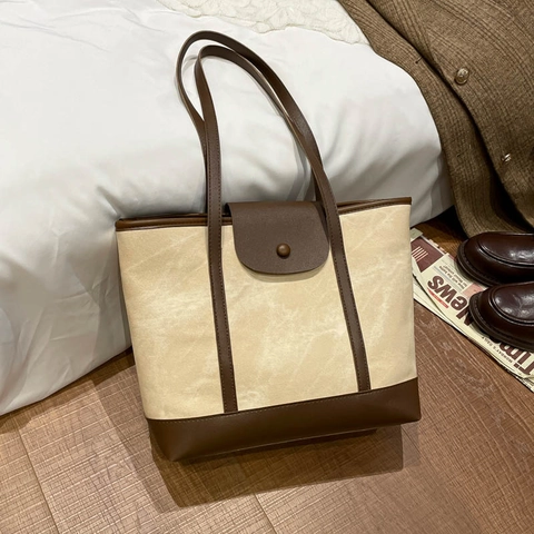 Bolso Tote de Gran Capacidad para Mujer Cuero PU Bolso de Hombro Color en Contraste Retro Minimalista Bolso de Moda
