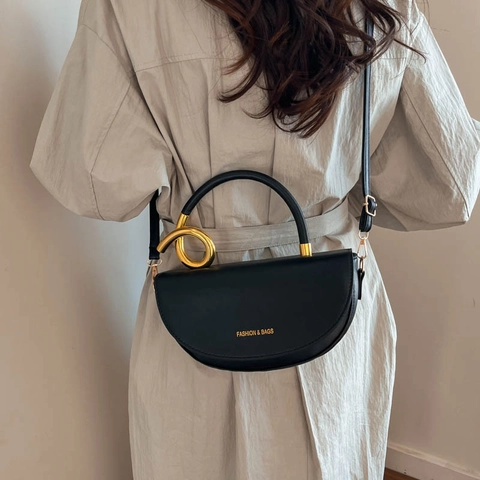 Women Fashion PU Leather Half Moon Saddle Bag Gold Metal Ring Handle Shoulder Crossbody Bag For Daily Commute