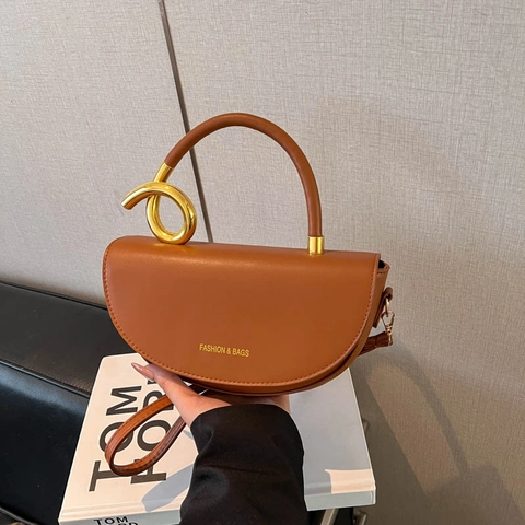 Women Fashion PU Leather Half Moon Saddle Bag Gold Metal Ring Handle Shoulder Crossbody Bag For Daily Commute