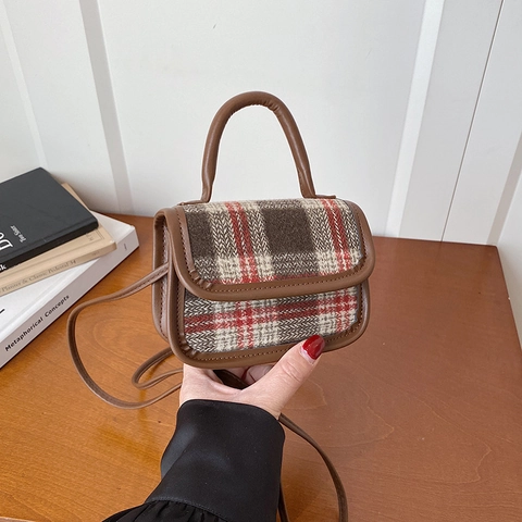 Vintage Plaid Woolen Fabric Handbag For Women Retro Mini Crossbody Bag With PU Leather Trim Small Square Shoulder Bag