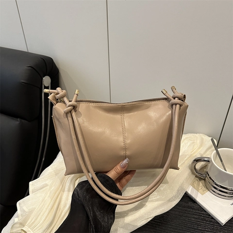Women PU Leather Shoulder Bag Retro Casual Underarm Purse With Knot Detail Handle And Gold Hardware Vertical Stitching