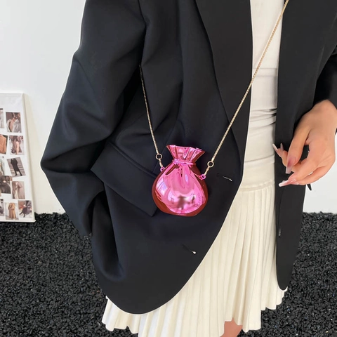 Mini Fortune Bag Shape Crossbody Acrylic Mirror Metallic Chain Evening Clutch Fashion Novelty Purse For Women