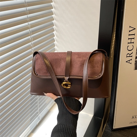 Damen Vintage Spleißen Wildleder Achseltasche Mit G-Schnalle Metallverschluss Mode Baguette Schultertasche Täglich Party Geschenk