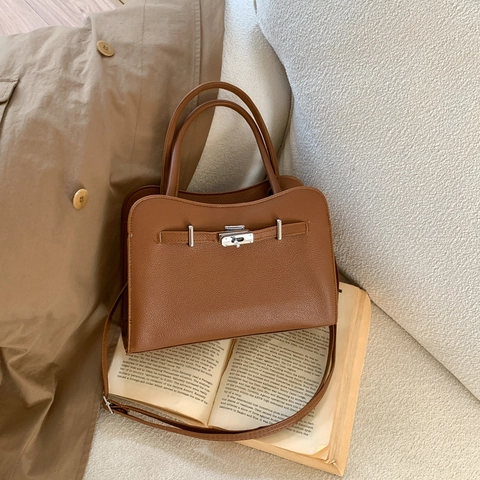 Sac À Main Pour Femme En Cuir PU À Motif Litchi Sac À Épaule Rétro Minimaliste Et Sac Bandoulière Avec Serrure En Métal