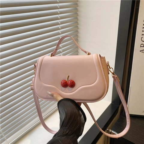Women PU Leather Shoulder Bag With Red Cherry Decoration Elegant Casual Crossbody Square Bag Ladies Handbag Daily Use