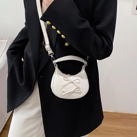 Mini Shoulder Bag Glossy PU Leather Half Moon Handbag With Bow Decorations Detachable Strap French Chic For Women Sweet
