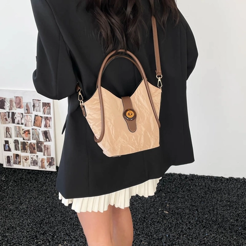 Bolso Cubo de PU con Textura Plisada para Mujer Bolso de Hombro de Color Contraste con Estuche Interior Bolso de Mano Elegante
