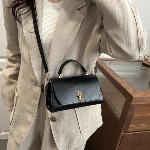 Damen Vintage PU Leder Umhängetasche Crossbody Handtasche Gold Metallschloss Verstellbarer Riemen Einfach Trendy Pendler Büro Tasche