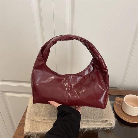 Elegante Borsa Sottobraccio Hobo in Pelle PU Lucida Stile Francese per Donna Borsa a Spalla Minimalista per Pendolari Con Chiusura Magnetica