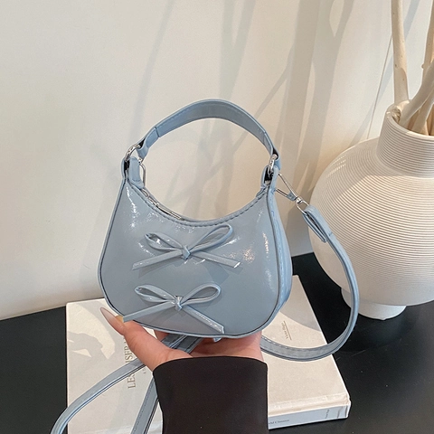 Mini Shoulder Bag Glossy PU Leather Half Moon Handbag With Bow Decorations Detachable Strap French Chic For Women Sweet