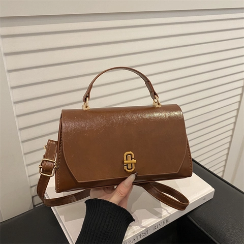 Damen Vintage PU Leder Umhängetasche Crossbody Handtasche Gold Metallschloss Verstellbarer Riemen Einfach Trendy Pendler Büro Tasche