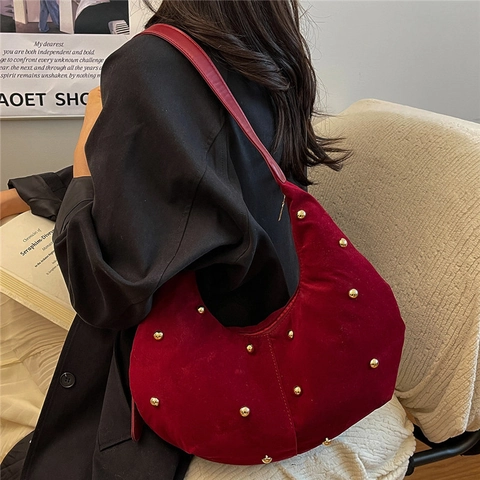 Bolso Hobo de Gamuza para Mujer Bolso de Hombro de Media Luna con Tachuelas Gran Capacidad Vintage Bolso de Axila Color Sólido