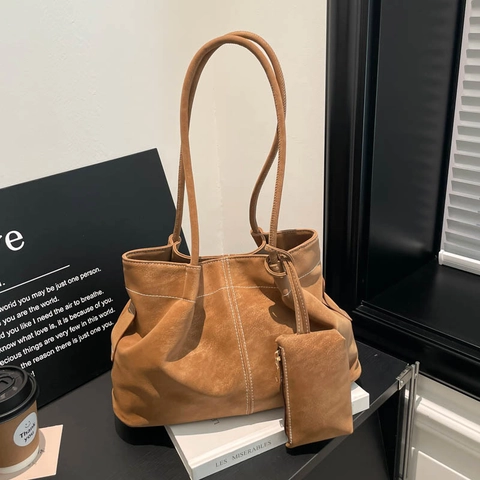 Vintage PU Suede Look Tote Bag For Women Large Capacity Shoulder Bag With Small Pouch Contrast Stitching Casual Handbag