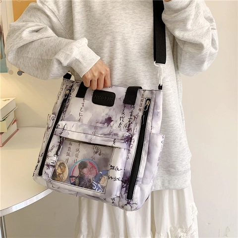 Borsa A Tracolla Con Stampa Calligrafia Cinese E Finestra Trasparente In Tessuto Oxford Per Donne E Studenti