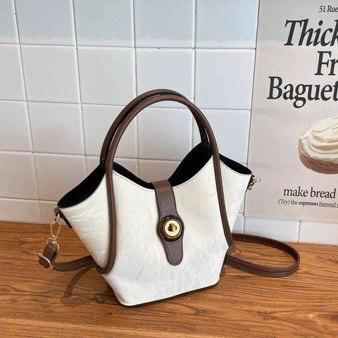Damen Neuer Chinesischer Stil Eimertasche Große Kapazität PU Leder Faltenstruktur Handtasche Mit Innentasche Umhängetasche