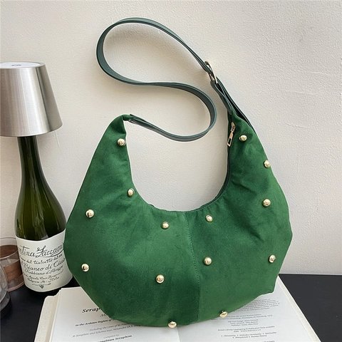 Bolso Hobo de Gamuza para Mujer Bolso de Hombro de Media Luna con Tachuelas Gran Capacidad Vintage Bolso de Axila Color Sólido