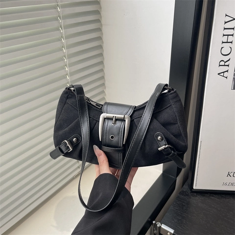 Women Vintage Faux Suede Underarm Bag Large Metal Buckle Moto Style Shoulder Bag Pleated Y2K Crescent Purse Solid