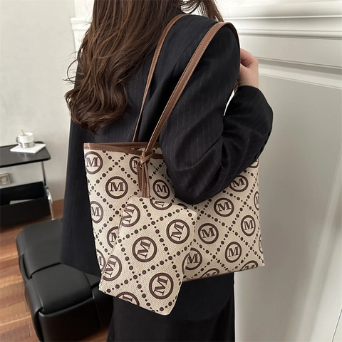 Vintage Monogramm Buchstabe Druck Tragetasche Set Leinwand Kunstleder Umhängetasche Große Kapazität Pendler Handtasche Mit Beutel