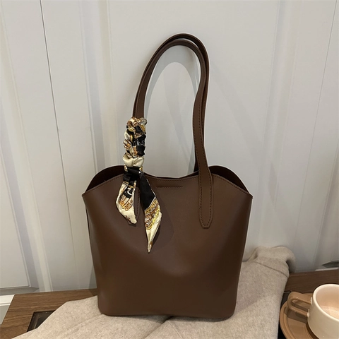 Large Capacity PU Leather Women Tote Bag Minimalist Shoulder Handbag For Commuting With Decorative Satin Scarf