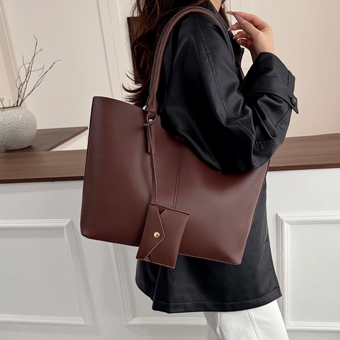 Large Capacity Tote Bag PU Leather With Matching Small Pouch Minimalist Casual Shoulder Handbag For Women Commuting