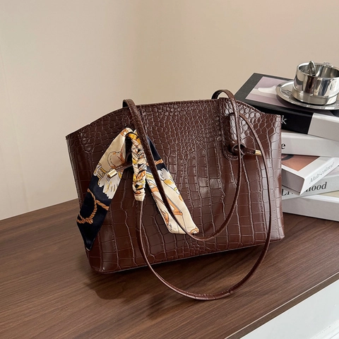 Crocodile Embossed PU Leather Tote Handbag Large Capacity Shoulder Bag With Decorative Satin Scarf Elegant For Women