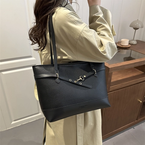 Bolso Tote de Gran Capacidad para Mujer Cuero PU Color de Contraste Bolso de Hombro Minimalista Vintage para Oficina y Diario
