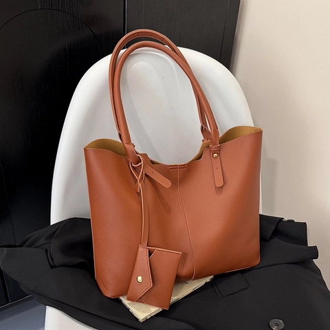 Bolso Tote de Mujer de Gran Capacidad de Cuero PU Minimalista Francés Color Sólido Bolso de Hombro Con Mini Bolsa para Oficina