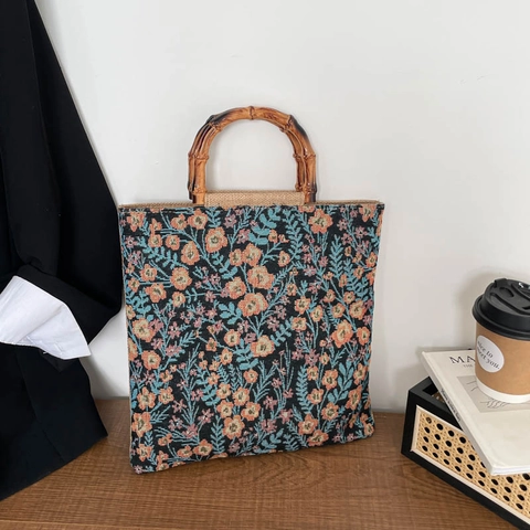 Women Vintage Floral Jacquard Tote Bag With Natural Bamboo Handle Large Capacity Fabric Handbag For Commuting Daily Vacation