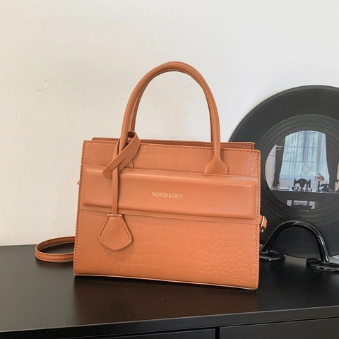 Sac à Main Vintage en Cuir PU à Motif Crocodile pour Femme Imprimé Lettres Carré Sac à Bandoulière avec Bandoulière Amovible