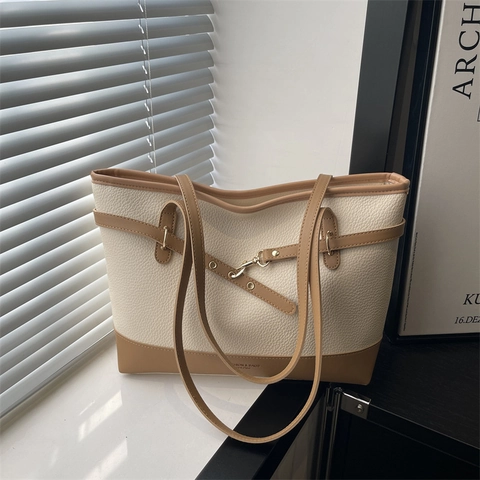 Grand Sac Cabas en Cuir PU pour Femmes Motif Litchi Sac à Épaule avec Décoration de Boucle de Ceinture Quotidien