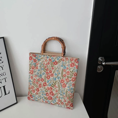Vintage Floral Jacquard Shoulder Bag For Women With Natural Bamboo Handle Large Capacity Tote Handbag Casual Vacation Bag