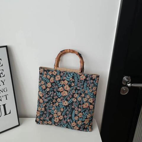 Vintage Floral Jacquard Shoulder Bag For Women With Natural Bamboo Handle Large Capacity Tote Handbag Casual Vacation Bag