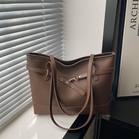 Grand Sac Cabas en Cuir PU pour Femmes Motif Litchi Sac à Épaule avec Décoration de Boucle de Ceinture Quotidien