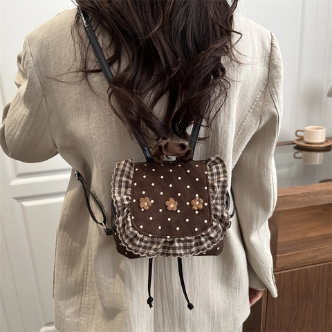 Mini Sac à Dos Femme à Pois Volants Floraux Toile Cuir PU Mignon Rétro Style Japonais Mori Girl Sac d'École