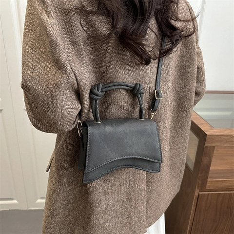 Women Retro Curved Bottom Small Square Bag Knot Handle Minimalist PU Denim Shoulder Handbag Adjustable Crossbody Bag