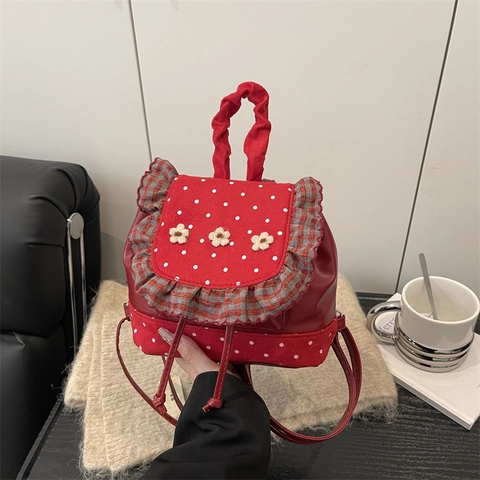 Mini Sac à Dos Femme à Pois Volants Floraux Toile Cuir PU Mignon Rétro Style Japonais Mori Girl Sac d'École